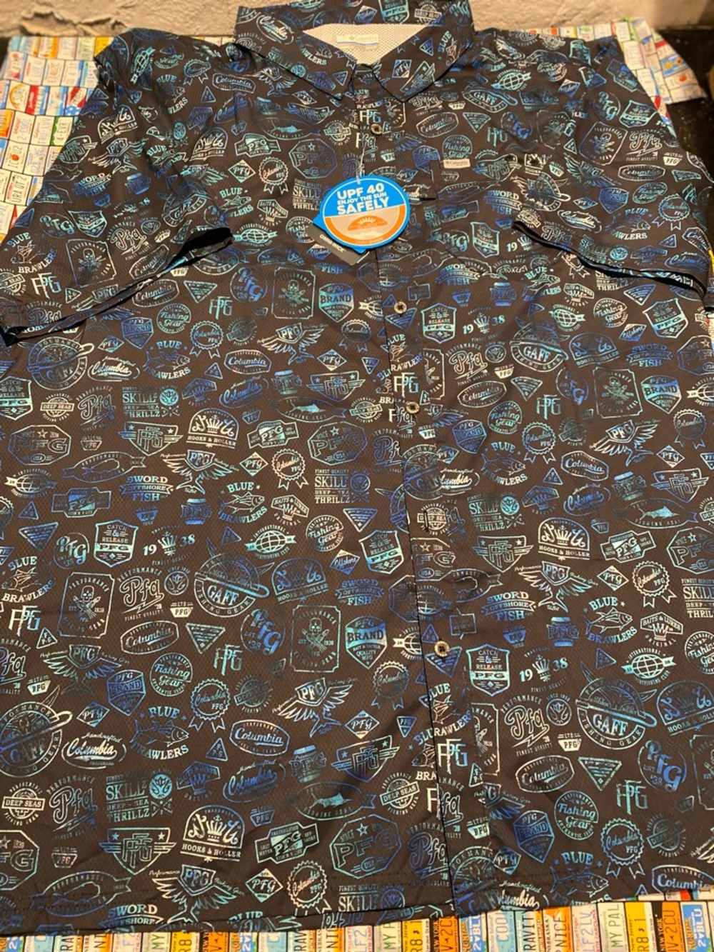 Columbia PFG Omni Shade 3XL Black AOP Logo Vented Button Up Short Sleeve. NWT